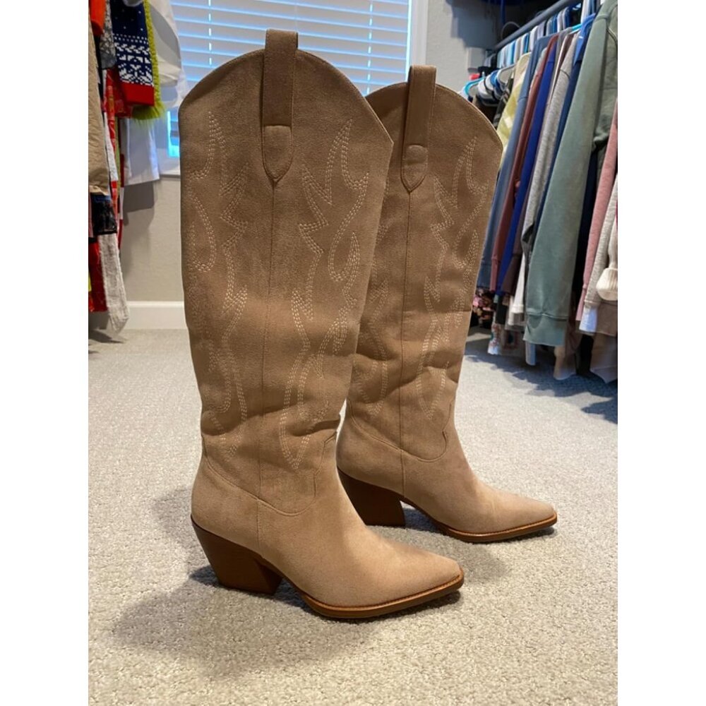 Women Beige Knee High Pointed Toe Block Heel Cowboy Western Embroidered Boots